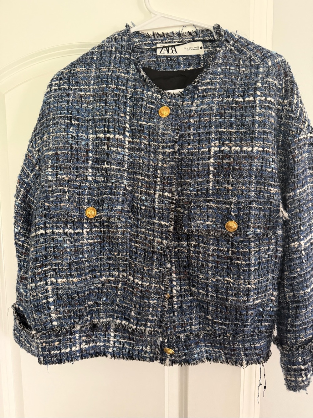 Zara Navy & White Tweed Boxy Jacket with Gold Buttons